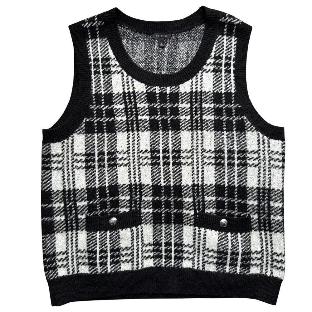 Talbots Womens Black & White Plaid Knit Sweater Vest With Button Accents Size L